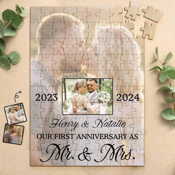 Gift For Couples, Gift For Husband, Gift For Wife - Custom Photo Our First Anniversary As Mr. & Mrs. - Personalized Jigsaw Puzzle
