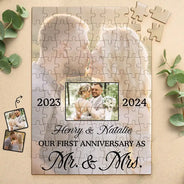 Gift For Couples, Gift For Husband, Gift For Wife - Custom Photo Our First Anniversary As Mr. & Mrs. - Personalized Jigsaw Puzzle