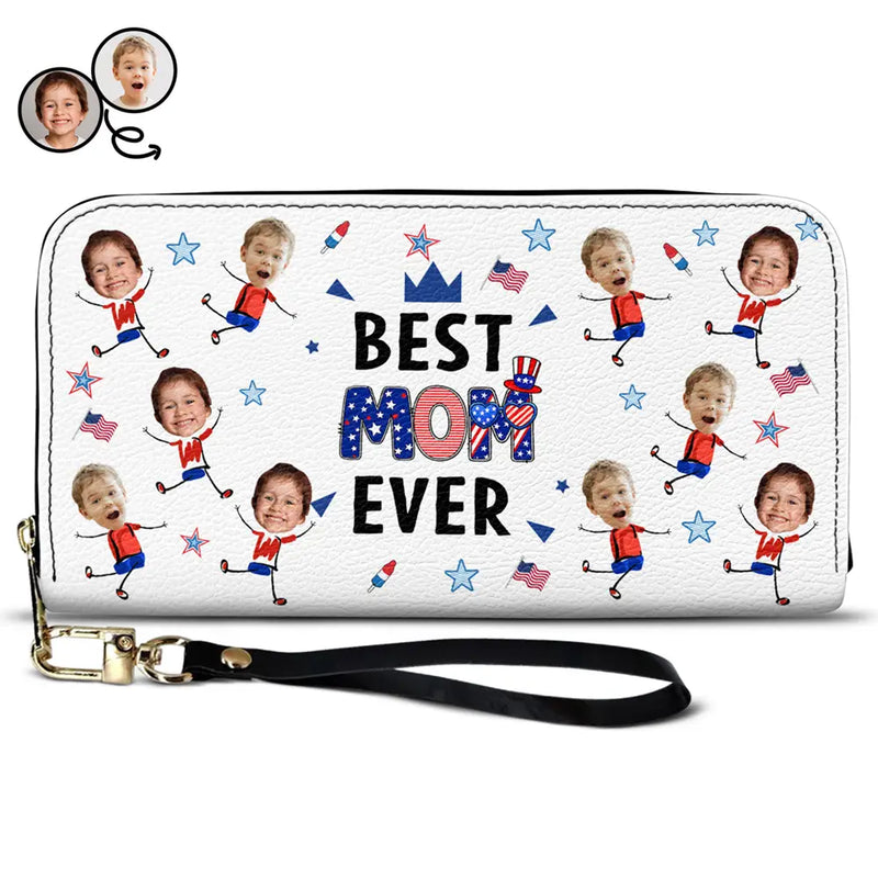 Gift For Mother,Gift For Grandma,Happy,Summer,Independence Day,Photo,Icon,Humorous - Custom Photo Stars & Stripes Best Mom Grandma Ever - Personalized Leather Long Wallet