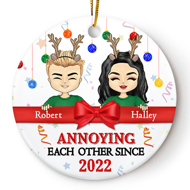 Christmas Chibi Couple Annoying Each Other Since - Personalized Custom Circle Ceramic Ornament