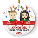 Christmas Chibi Couple Annoying Each Other Since - Personalized Custom Circle Ceramic Ornament