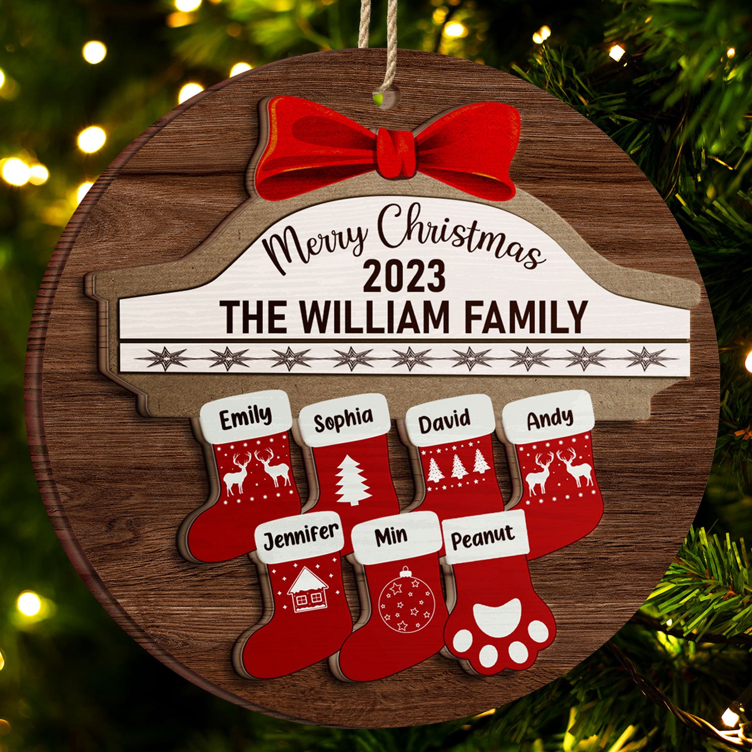 Merry Christmas Stocking Family - Christmas Gift For Family - Personalized 2-Layered Wooden Ornament