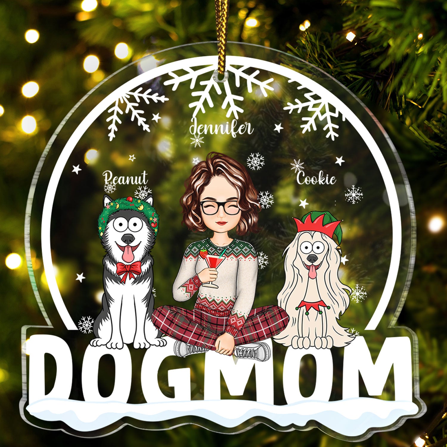 Dog Mom Funny Cartoon Dogs Snowdome - Christmas Gift For Dog Lovers - Personalized Custom Shaped Acrylic Ornament