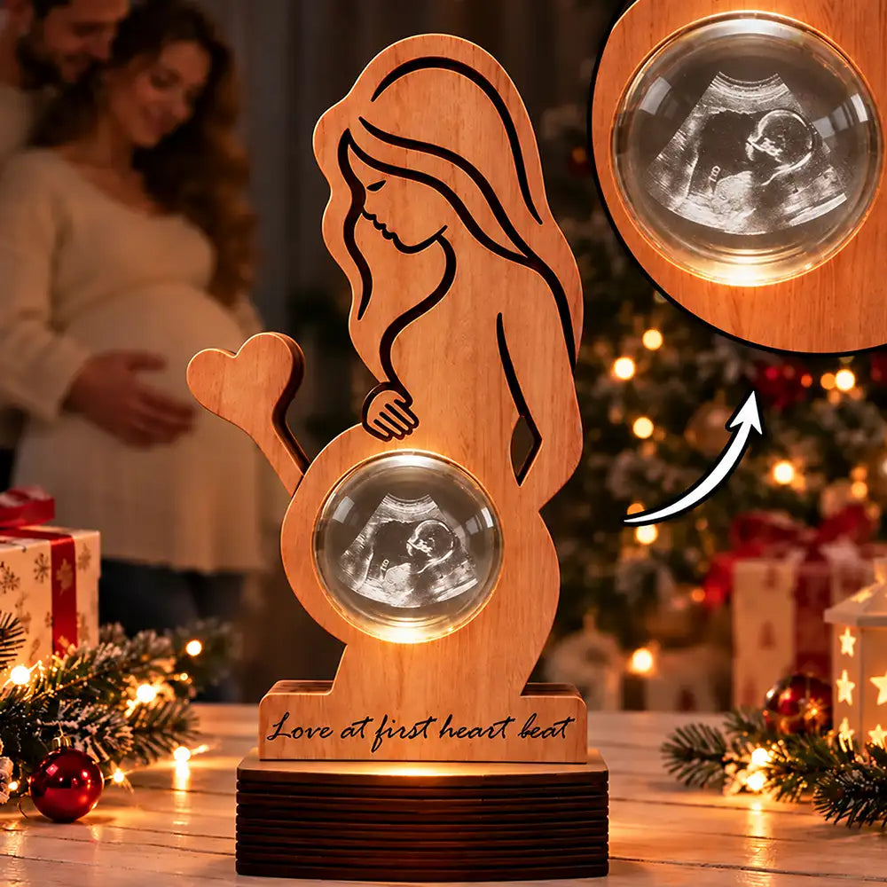 Mindful Gift For Pregnant Mom, New Mother - Personalized Custom Photo Warm And Lovely Baby Bump Crystal Globe Light Wooden Plaque