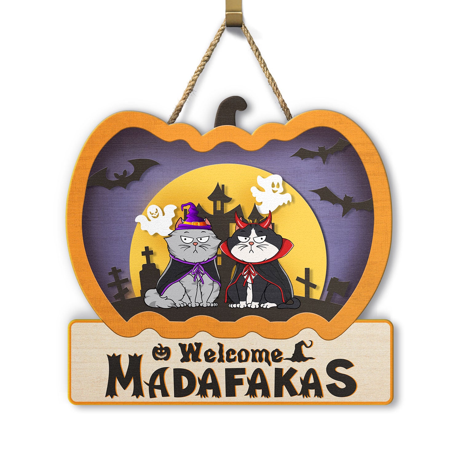 Halloween Cats Welcome Madafakas - Door Sign, Home Decor Gift For Cat Lovers - Personalized Custom Shaped Wood Sign