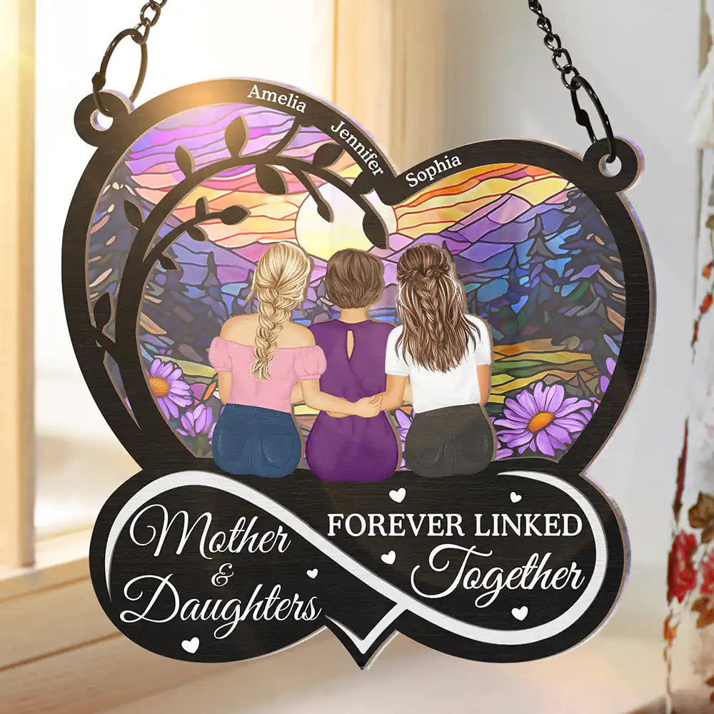 Mom - Daughters (Adult) - Mother And Daughter Forever Linked Together - Personalized Window Hanging Suncatcher Ornament