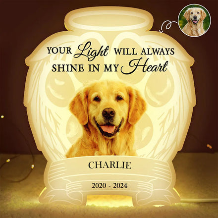 Photo personnalisée Votre lumière brillera toujours dans mon cœur Mémorial pour animaux de compagnie - Boîte à lumière personnalisée en forme personnalisée