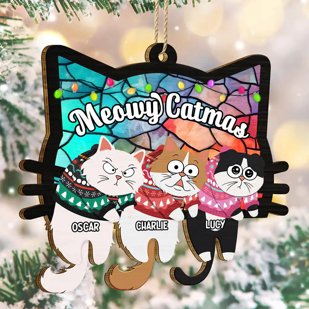 Christmas,Happy,Pet Lovers,Cat Lovers - Hanging Cats Meowy Catmas - Personalized Wooden Cutout Ornament