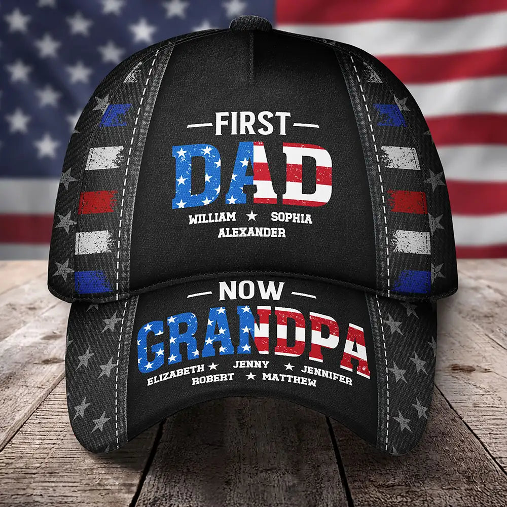 America First Dad Now Grandpa Kid Names - Personalized Classic Cap