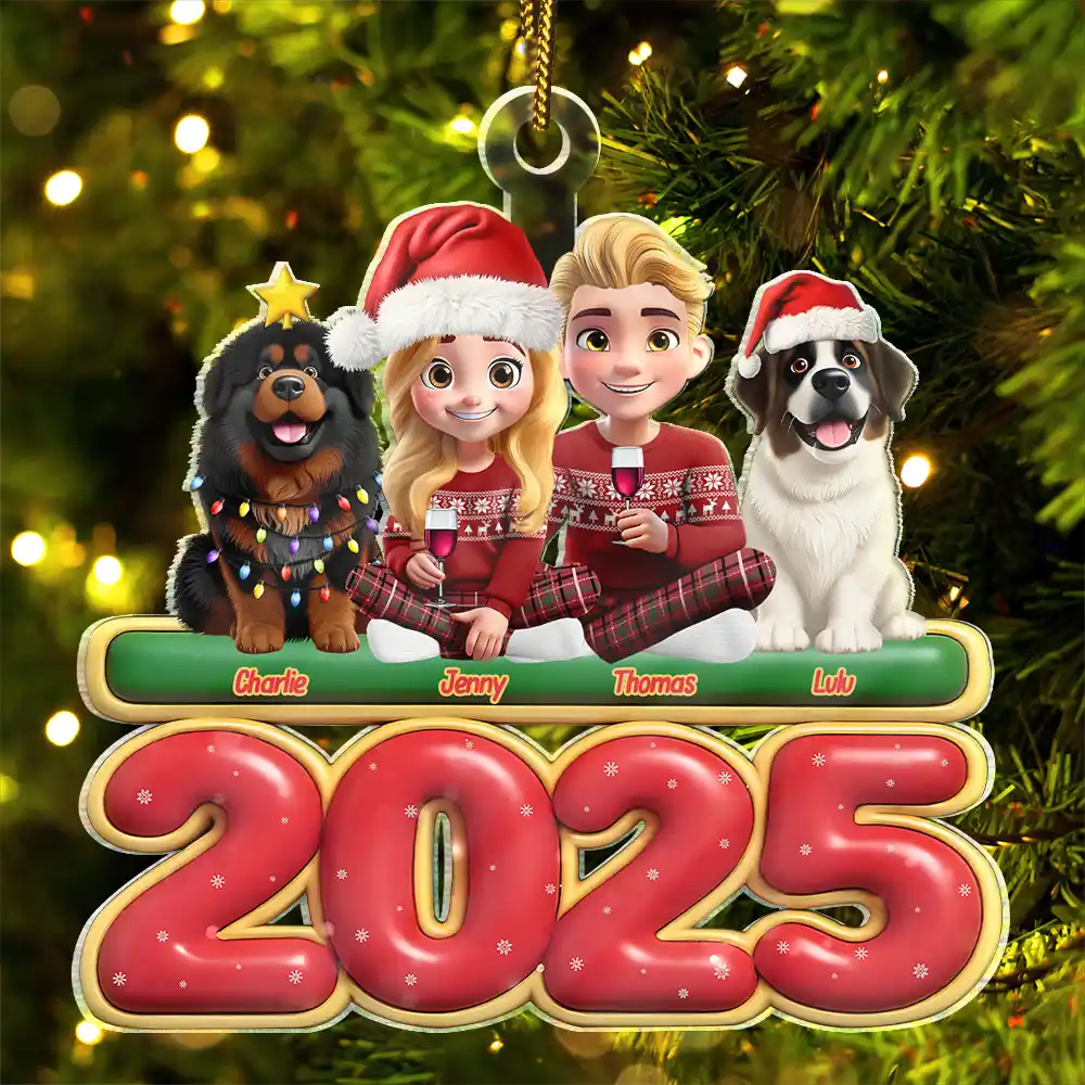 3D Effect Couple Sitting With Dogs - Personalized Custom Shaped Acrylic Ornament