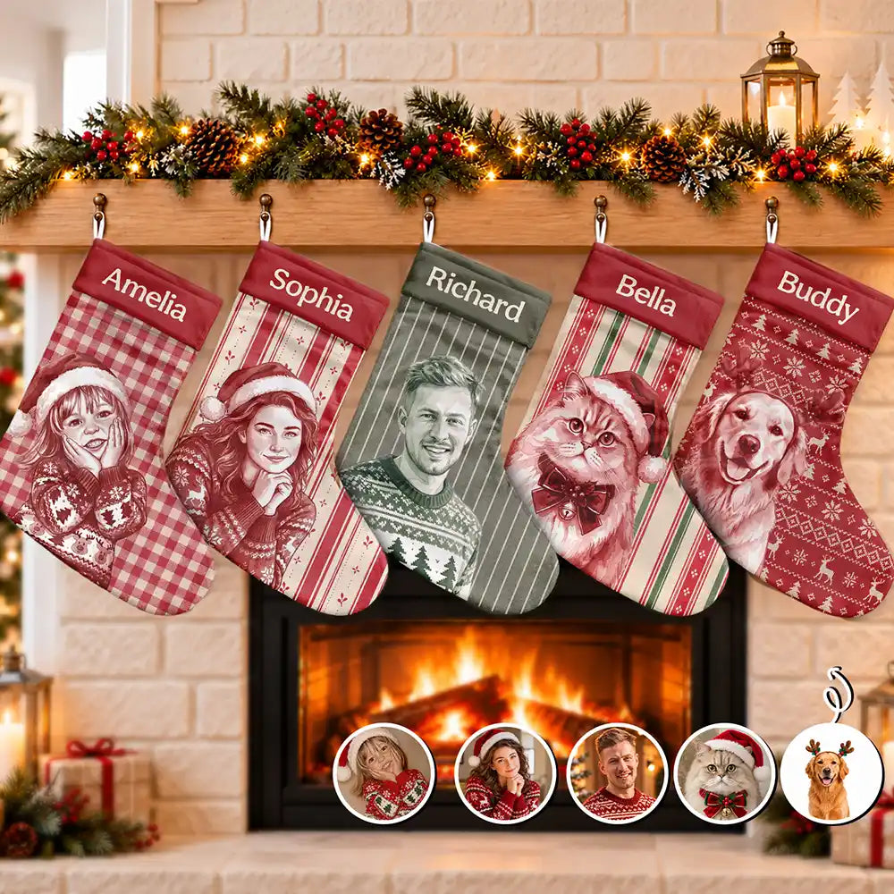 Fireplace Mantel Decor For Family - Personalized Custom Photo Watercolor Pet Family Name Christmas Stocking