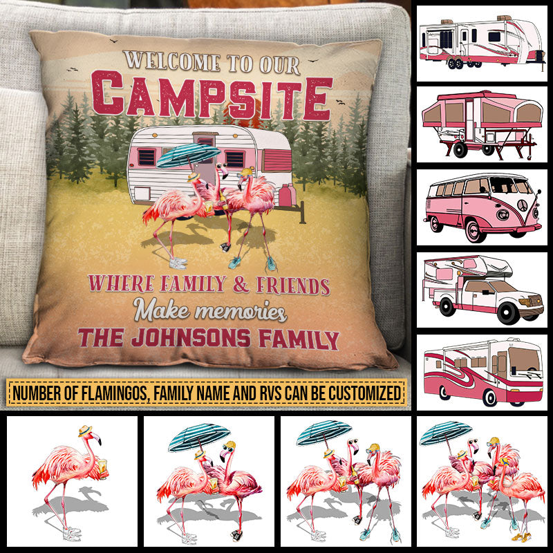 Camping Flamingo Bestie Bienvenue sur notre camping Oreiller personnalisé, cadeau de camping personnalisé