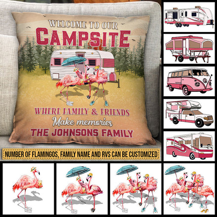 Camping Flamingo Bestie Bienvenue sur notre camping Oreiller personnalisé, cadeau de camping personnalisé