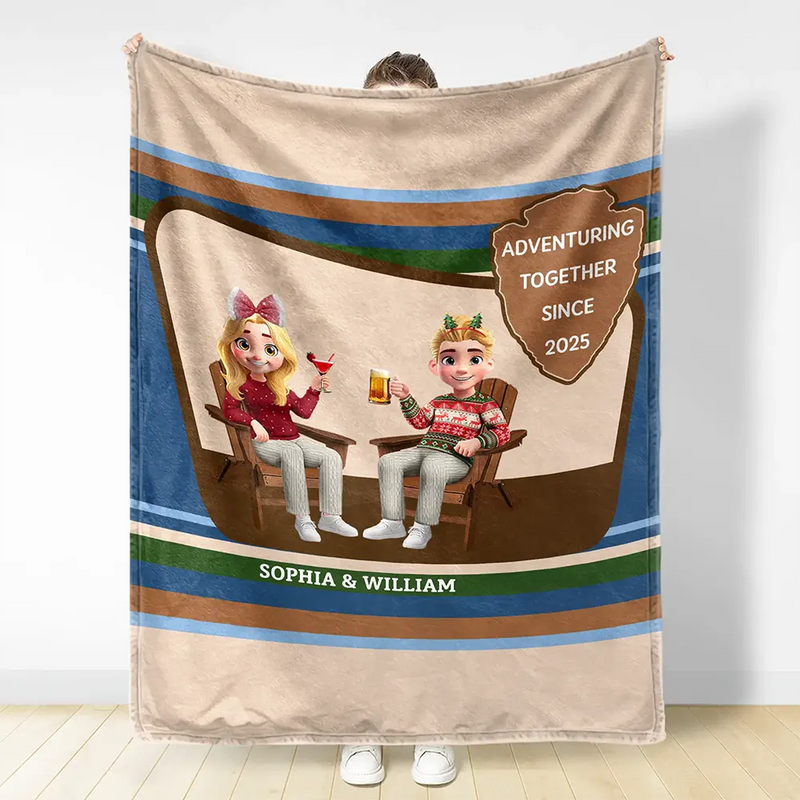 Gift For Couples,Travel,Happy - 3D Effect Travel Couple Adventure Together Since - Personalized Fleece Blanket, Sherpa Blanket