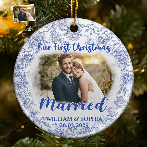 Gift For Couples,Gift For Husband,Gift For Wife,Christmas,Wedding,Love - Custom Photo Our First Christmas Married - Personalized Circle Ceramic Ornament