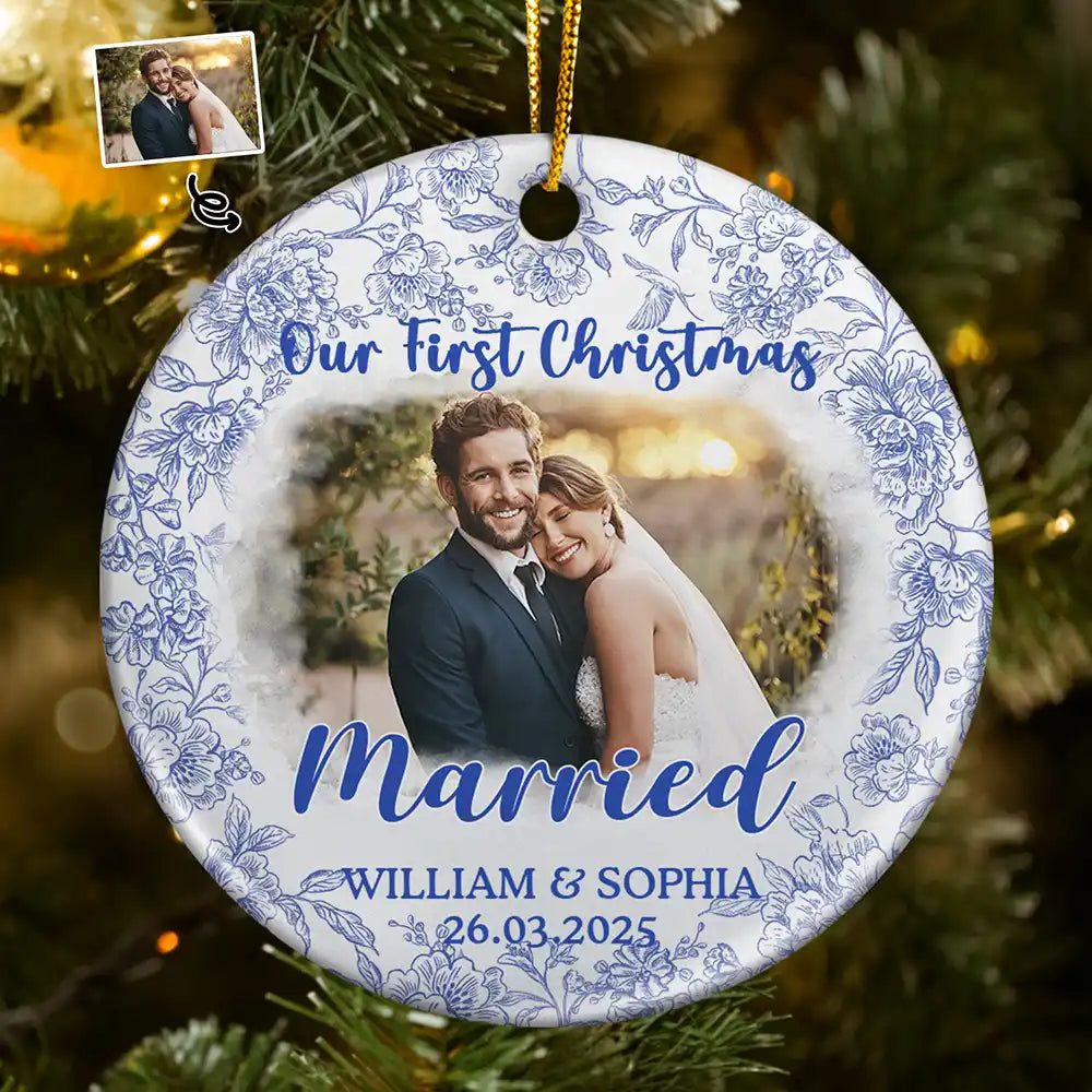 Custom Photo Our First Christmas Married - Personalized Circle Ceramic Ornament