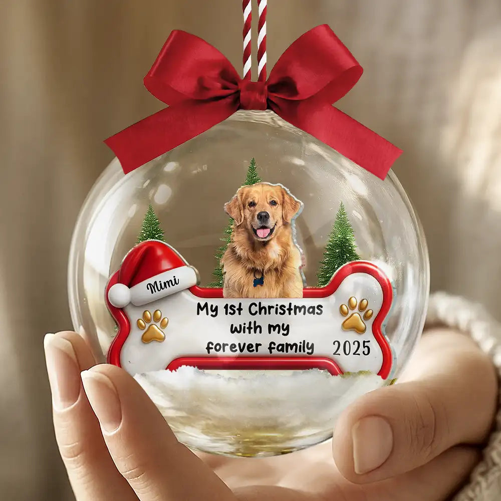 Pet Lovers,Custom Photo,Happy,Christmas - Custom Photo 1st Christmas With Forever Family - Personalized 3D Acrylic Ball Ornament