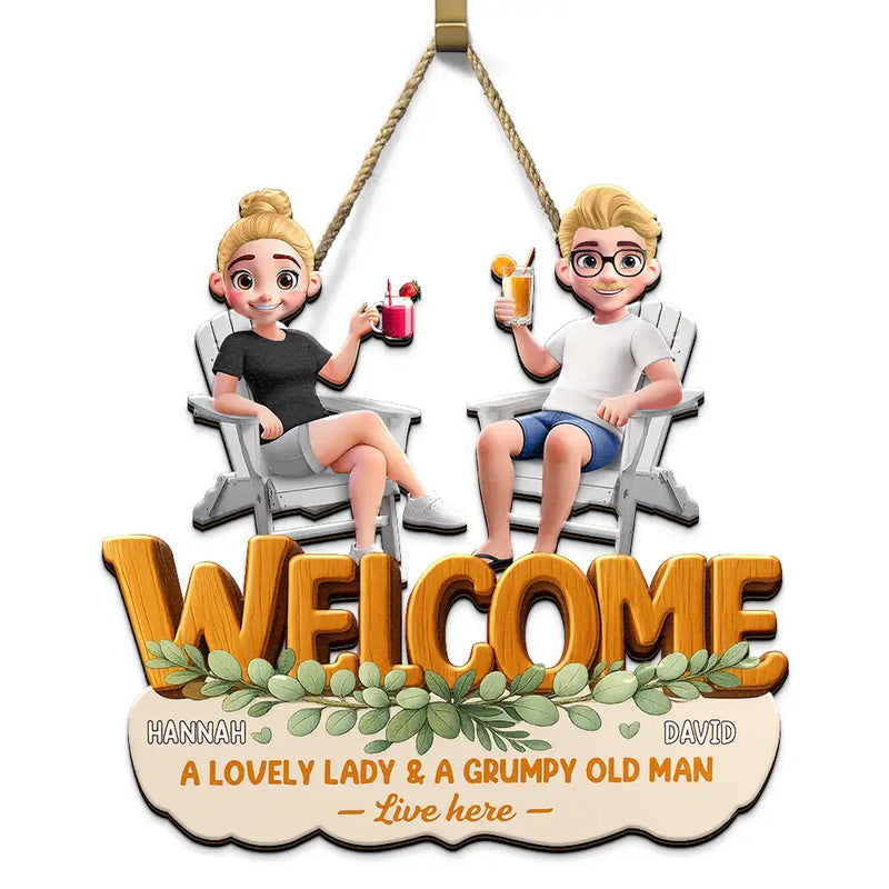 Gift For Couples,Gift For Husband,Gift For Wife,Gift For Boyfriend,Gift For Girlfriend,Happy - A Lovely Lady And A Grumpy Old Man Live Here - Personalized Custom Shaped Wood Sign