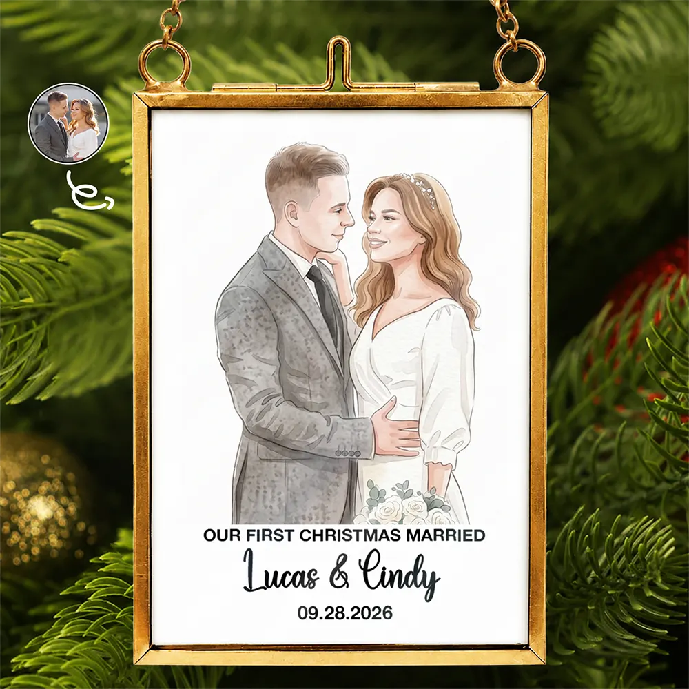 Art Design,Christmas,Custom Photo,First Christmas,Gift For Couples,Married Couple,Photo - Watercolor - Remove BG,Romantic,Top Market - Our First Christmas Couple - Personalized Custom Photo Watercolor Metal Frame Ornament