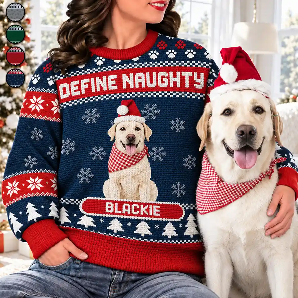 Art Design, Christmas, Custom Photo, Pet Lovers, Photo - Crochet Pet, Playful - Christmas Gift For Pet Lovers - Personalized Custom Photo Crochet Pet Feliz Navidog Unisex Ugly Sweater