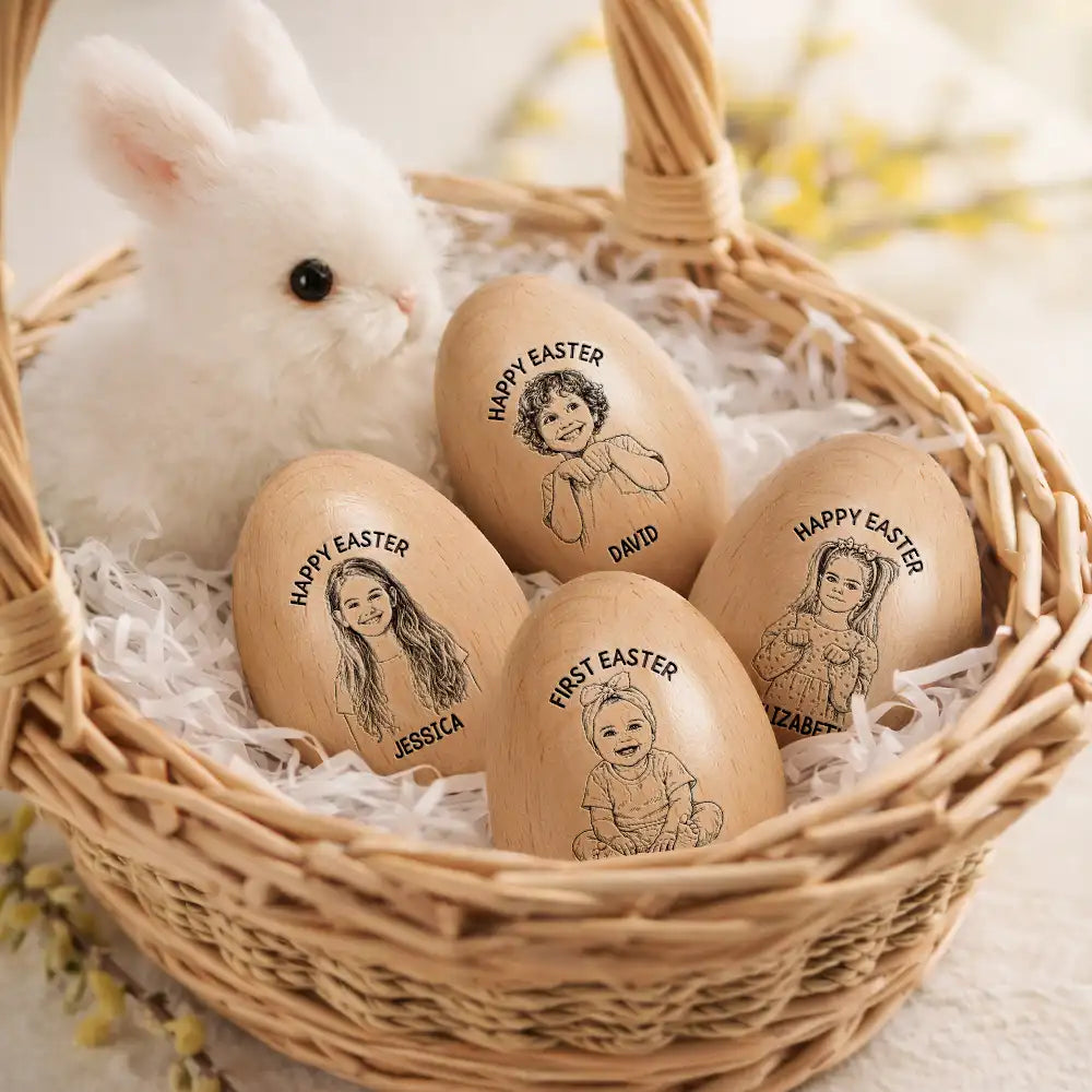 Grandpa,Grandkids,Gift For Kids,Grandma,Gift For Grandkids,Parents,Dad,Children,Mom - Children,Easter - Custom Photo Pencil Sketch Happy Kids Easter - Personalized Musical Wooden Easter Egg Shaker