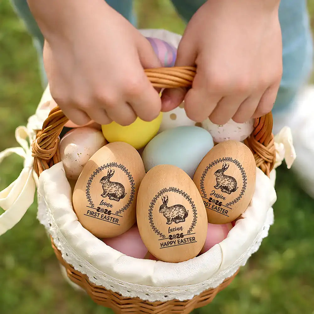 Gift For Kids,Grandma,Grandkids,Gift For Grandkids,Dad,Children,Mom,Easter,Happy - First Easter Bunny With Laurel Wreath - Personalized Musical Wooden Easter Egg Shaker