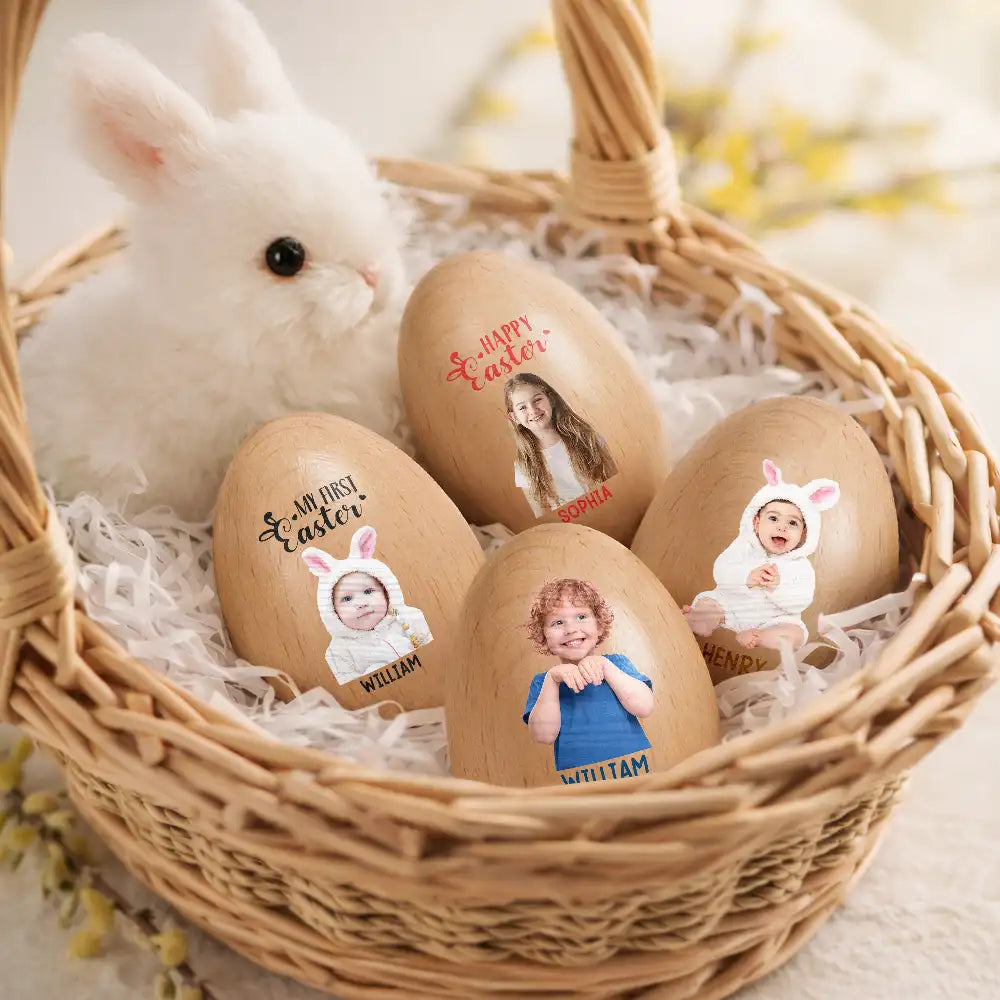 Easter,Non-Eng,Gift For Kids,Gift For Grandkids,Grandma,Grandkids,Grandpa,Dad,Children,Mom,Happy - Custom Photo Adorable Kid Baby Happy Easter - Personalized Musical Wooden Easter Egg Shaker