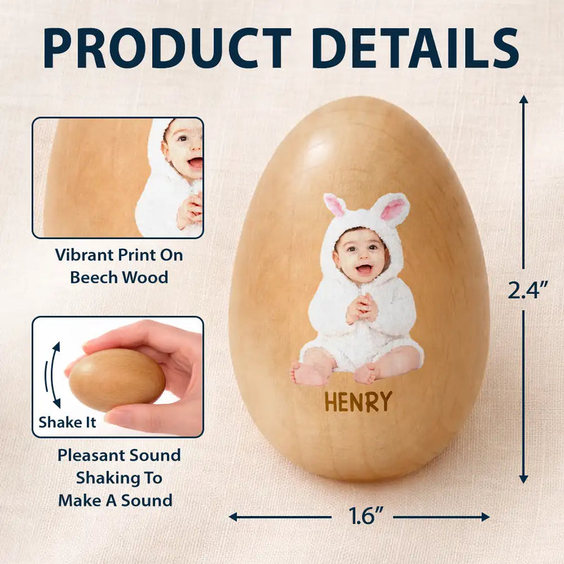 Easter,Non-Eng,Gift For Kids,Gift For Grandkids,Grandma,Grandkids,Grandpa,Dad,Children,Mom,Happy - Custom Photo Adorable Kid Baby Happy Easter - Personalized Musical Wooden Easter Egg Shaker