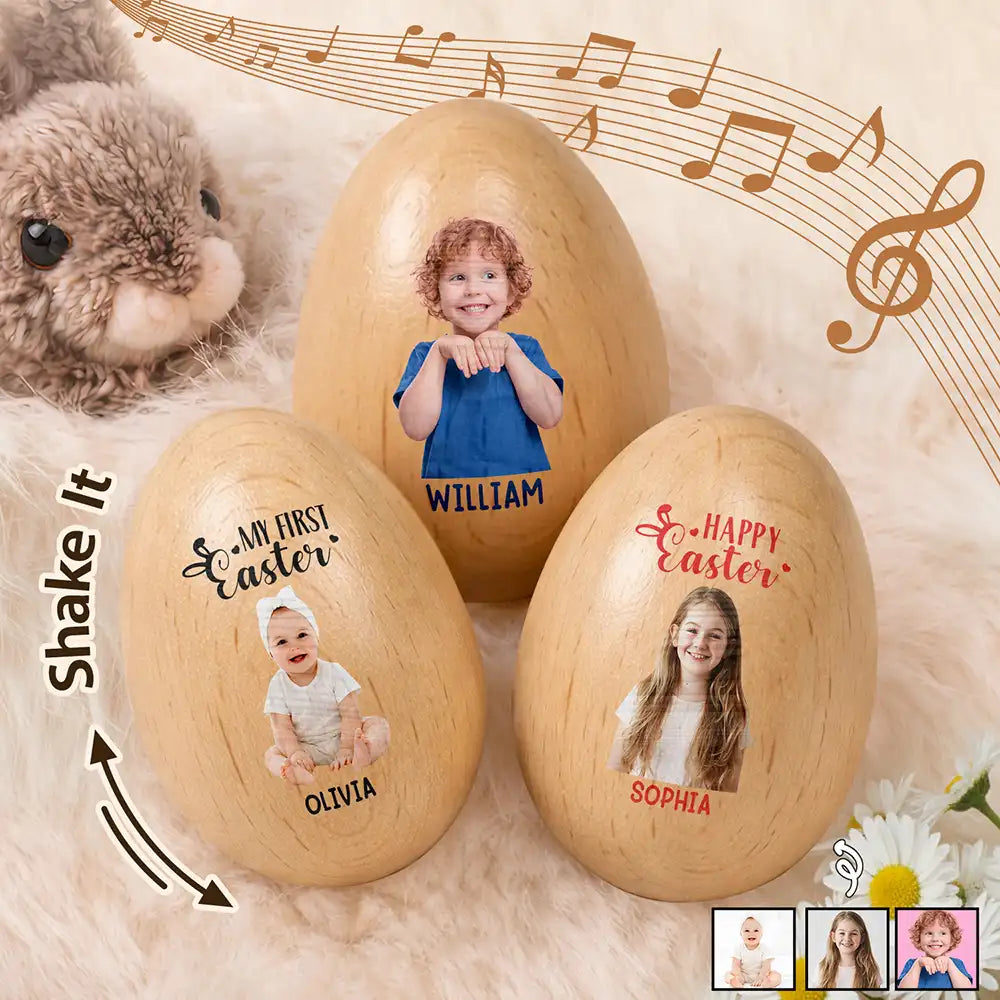 Custom Photo Adorable Kid Baby Happy Easter - Personalized Musical Wooden Easter Egg Shaker