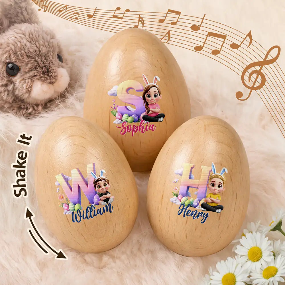 Kid Baby Sitting With Easter Alphabet Letters - Personalized Musical Wooden Easter Egg Shaker