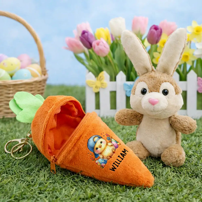Easter,Happy,Gift For Kids,Dad - Children,Mom - Children,Grandpa - Grandkids,Grandma - Grandkids,Gift For Grandkids - Watercolor Easter Bunny With Name - Personalized Plush Reversible Carrot Bunny Keychain