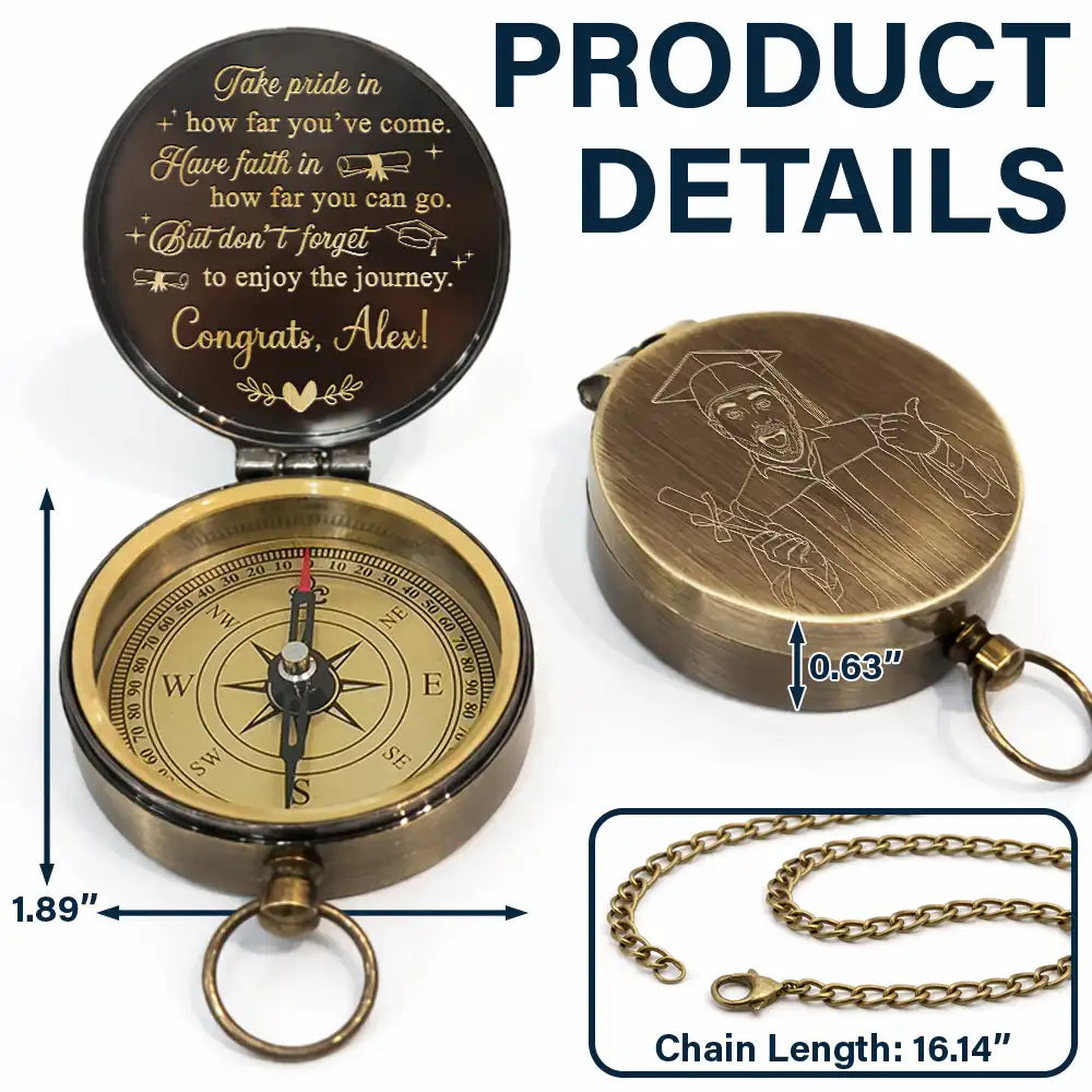 Family,Graduation,Love - Custom Photo Outline Sketch Take Pride In How Far You've Come - Personalized Engraved Brass Compass