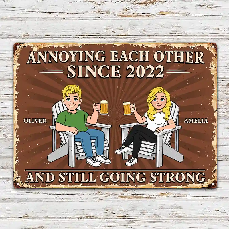 Top Market, Humorous, Old Couples, Gift For Couples, Vector - Annoying Each Other For Many Years Still Going Strong Retro Cartoon Couple - Personalized Classic Metal Signs