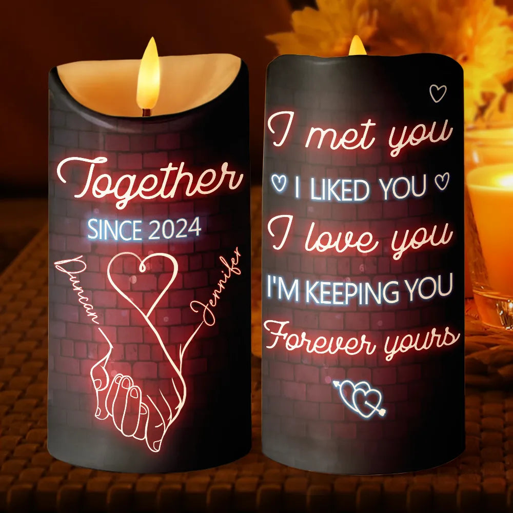 Gift For Couples, Gift For Husband, Gift For Wife, Gift For Boyfriend, Gift For Girlfriend - I Met You I Like You Neon Couples - Personalized Flameless LED Candle
