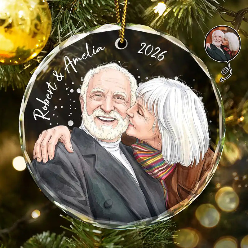 Art Design,Christmas,Romantic,Gift For Couples,Photo - Vivid Watercolor Art - Custom Photo Vivid Watercolor Art Anniversary Loving Couple - Personalized Circle Glass Ornament