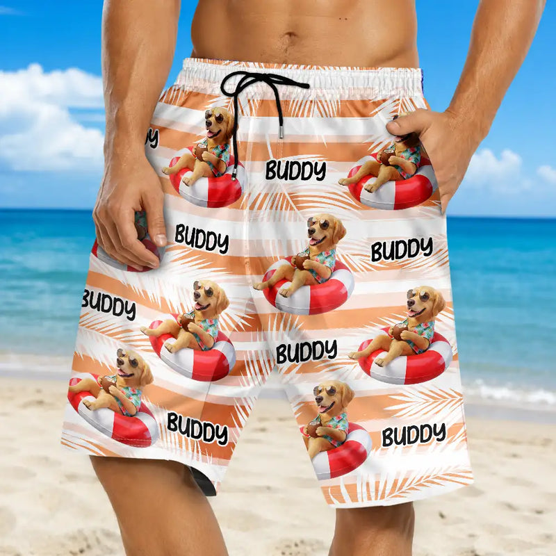Custom Photo, Art Design, Summer, Pet Lovers, Playful, Photo - Swimming Float 3D Effect - Custom Photo 3D Summer Concept Poolside Beach Vacation Dog Cat - Personalized Unisex Beach Shorts