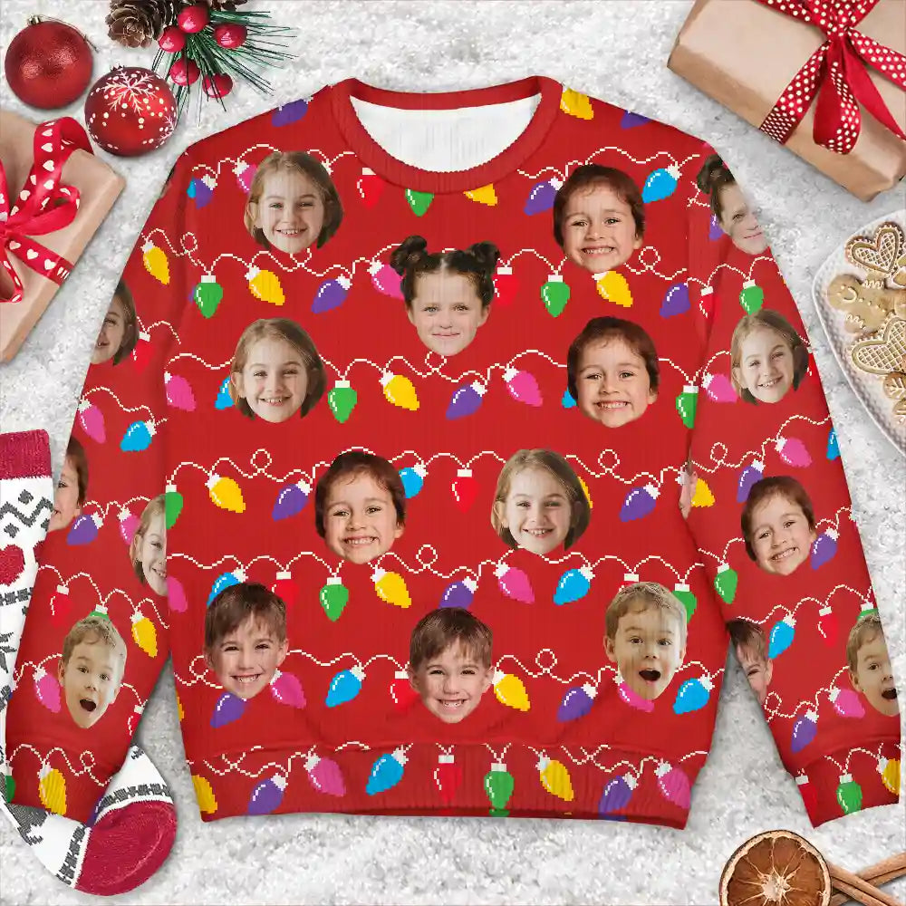 Family - Custom Photo Funny Kid Face Christmas Light - Personalized Unisex Ugly Sweater