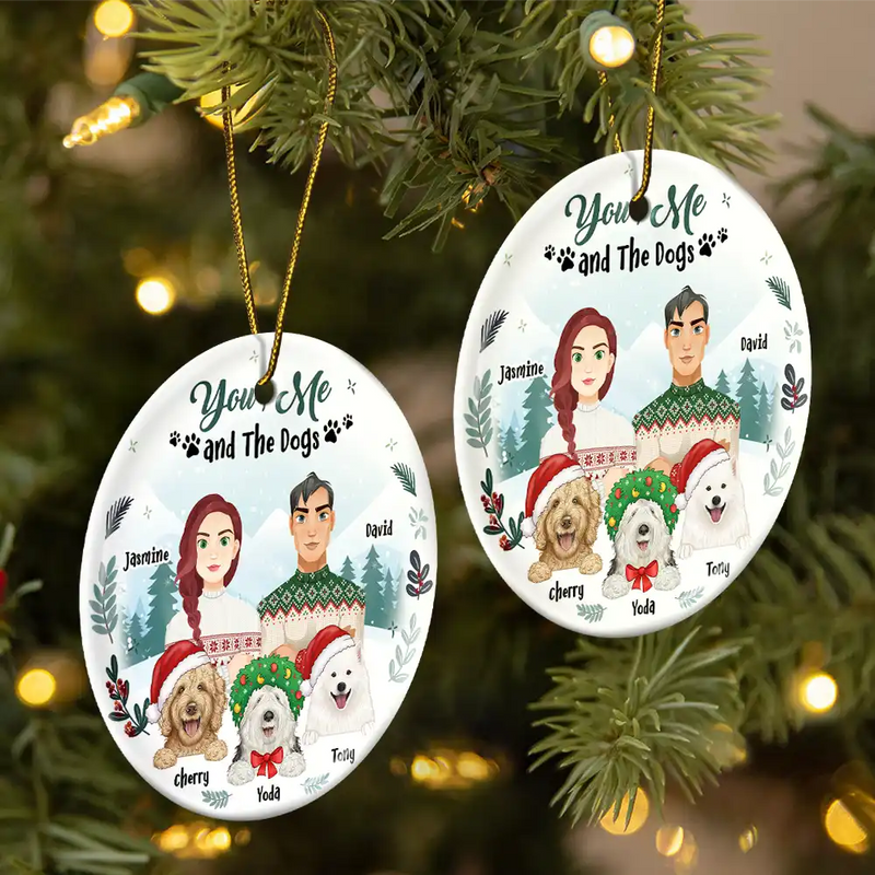 Gift For Couples,Gift For Husband,Gift For Wife,Gift For Boyfriend,Gift For Girlfriend,Dog Lovers,Pet Lovers,Dog Mom,Dog Couple,Pet Mom,Pet Couple,Pet Dad,Dog Dad - Winter You, Me And The Dog - Personalized Circle Ceramic Ornament