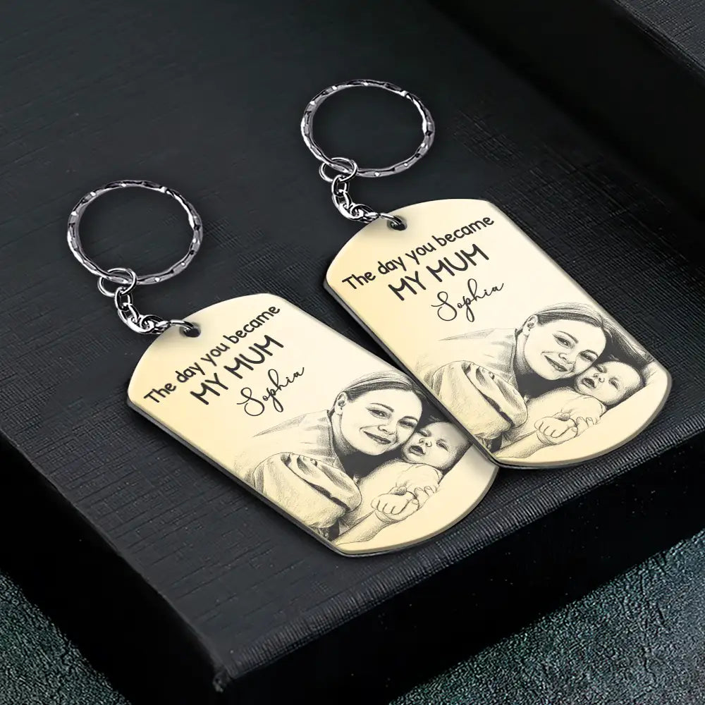 Custom Photo,New Dad,New Mom,New baby,Gift For Father,Gift For Mother,Non-Eng,Photo - Pencil Sketch,Calendar,Adorable - Custom Photo Pencil Sketch Calendar The Day You Became My Mom Dad - Personalized Aluminum Keychain