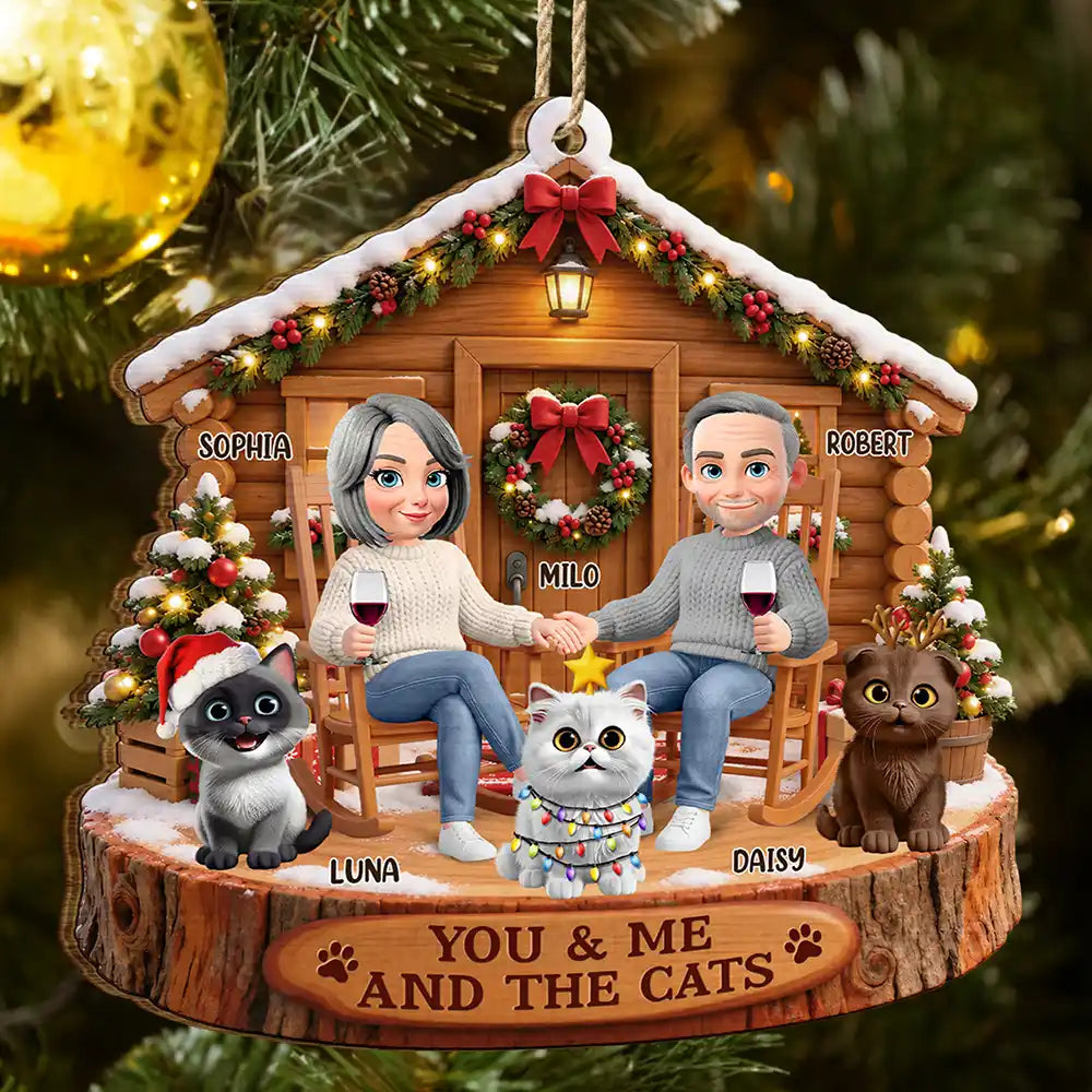 Christmas, Gift For Couples, Pet Couple, Pet Lovers, Romantic, Vector - Christmas Gift For Pet Couples - Personalized You & Me And The Cat Wooden Ornament