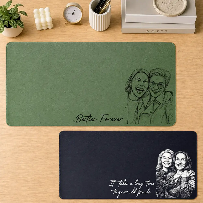 Gift For Bestie,Old Best friends,Non-Eng,Photo - Pencil Sketch,Sentimental - Custom Photo Pencil Sketch A True Friendship Is A Journey Without An End - Personalized Leather Desk Mat