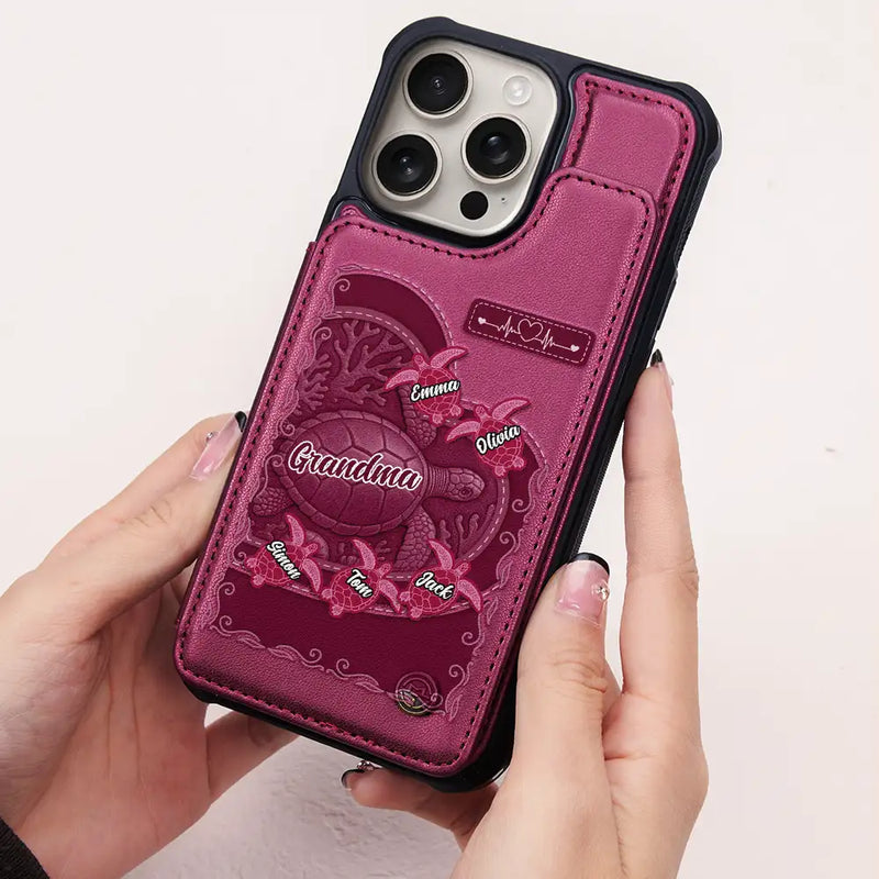 Gift For Yourself,Gift For Women,Gift For Mother,Gift For Grandma,Love - Grandma's Mom's Sea Turtle - Personalized Leather Flip Wallet Phone Case