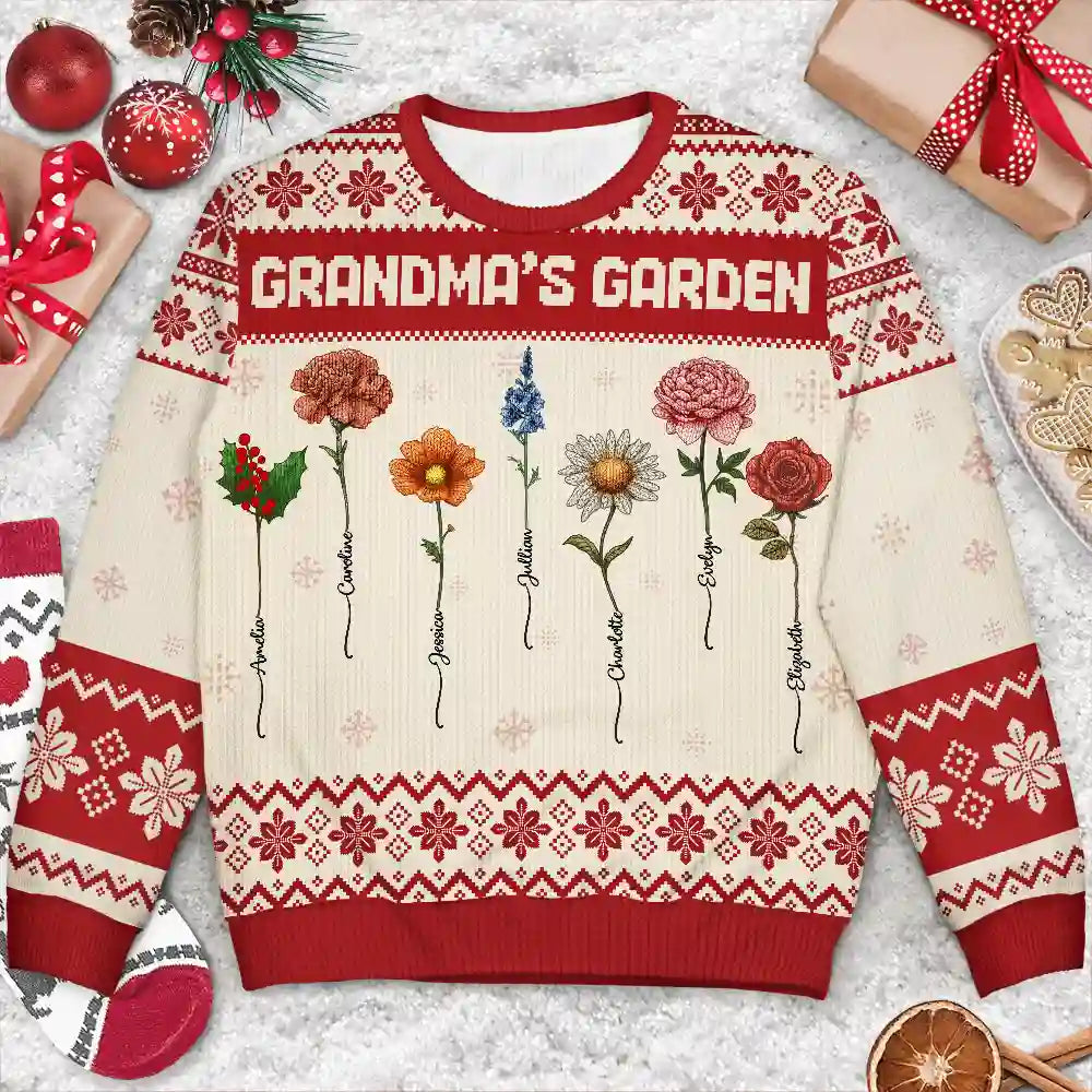 Gift For Grandma,Gift For Aunt,Gift For Mother,Happy,Gift For Wife,Gift For Yourself,Gift For Women - Knitted Effect Birth Flower Grandma's Garden - Personalized Unisex Ugly Sweater