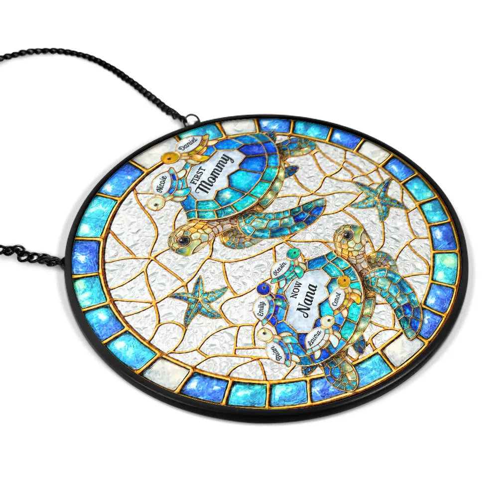 Summer,Gift For Grandma,Grandma - Grandkids,Beach,Happy - First Mom Now Grandma Stained Glass Turtle - Personalized Stained Glass Window Hanging Suncatcher