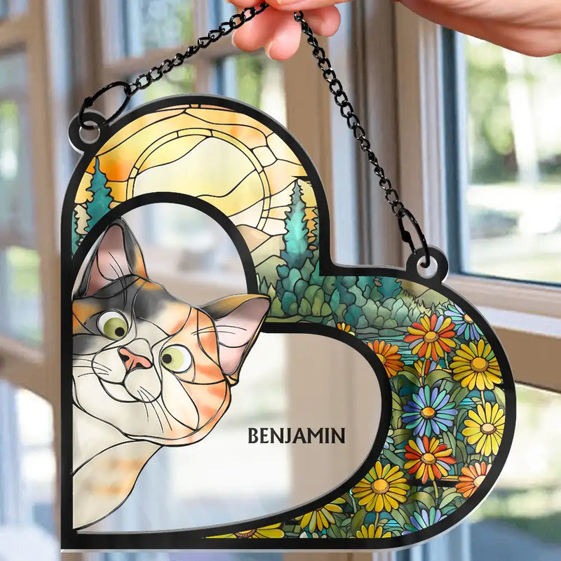 Cat Lovers,Cat Mom,Happy - Funny Cat Heart Shape Stained Glass Effect - Personalized Window Hanging Suncatcher Ornament