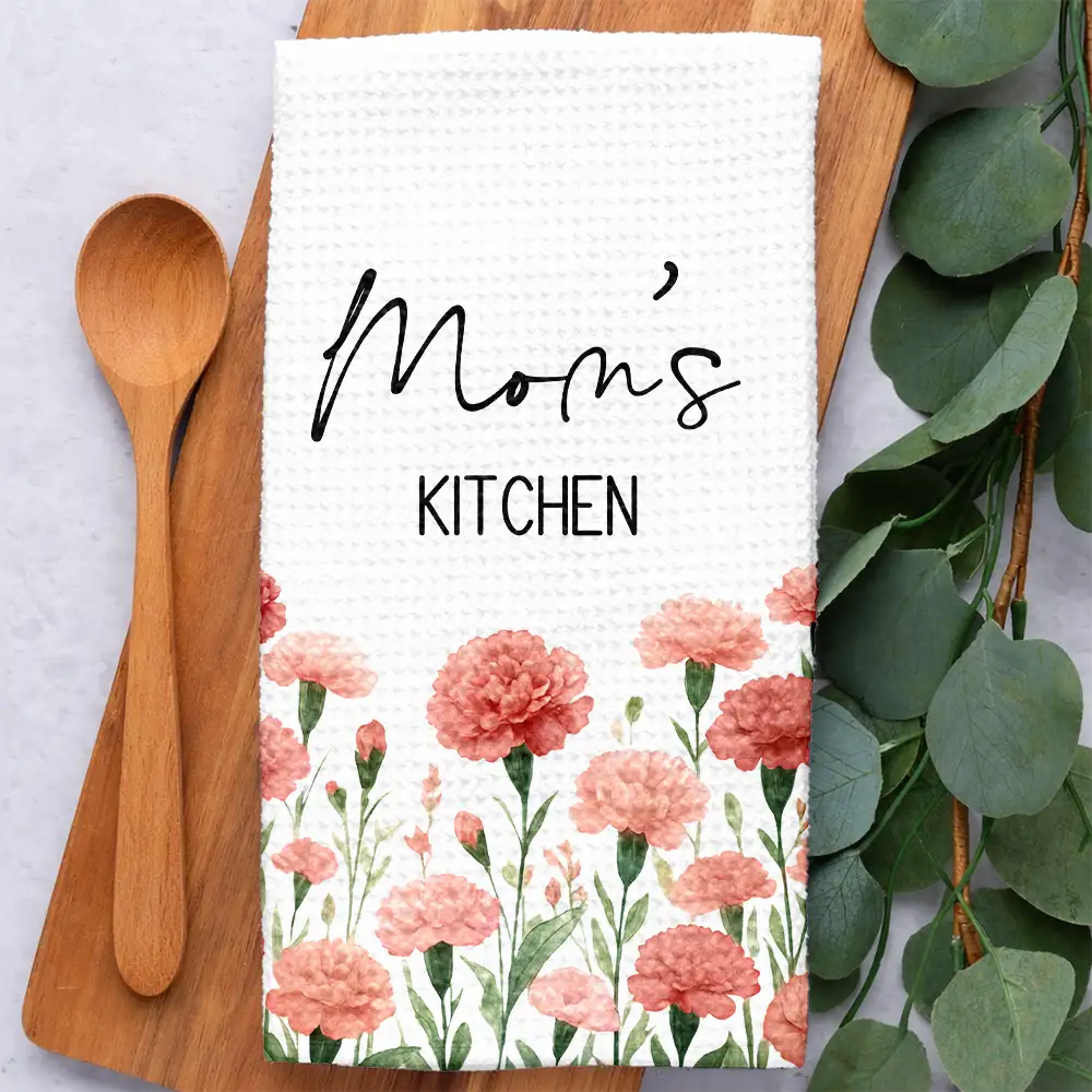 Gift For Wife, Gift For Mother, Gift For Grandma, Happy - Mom Grandma Kitchen Watercolor Birth Flower - Personalized Kitchen Towel