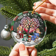 Gift For Couples,Gift For Husband,Gift For Wife,Gift For Boyfriend,Gift For Girlfriend,Cat Lovers,Cat Couple,Pet Lovers,Pet Couple,Love,Christmas - Christmas Tree You Me And The Cat - Personalized Circle Glass Ornament