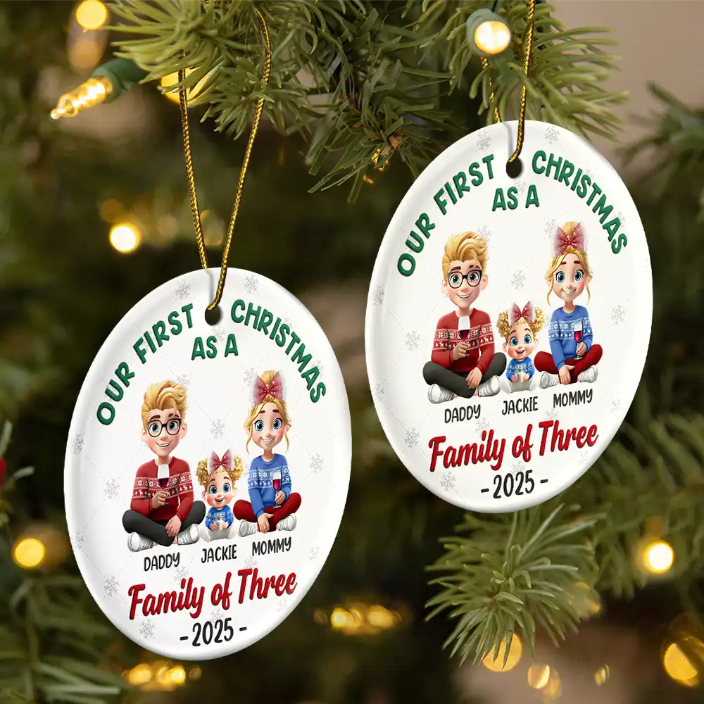 Love,Family,New baby,New Mom,New Dad,Gift For Husband,Gift For Wife,Gift For Couples,Married ,Pregnant Mom - First Christmas As A Family Of Three New Parents 3D - Personalized Circle Ceramic Ornament