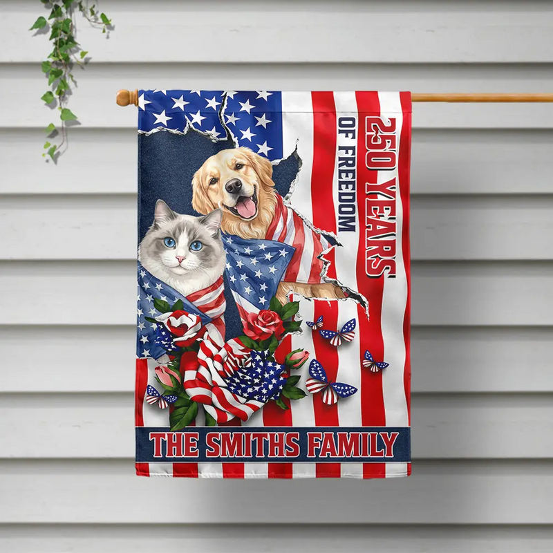 America 250th,Custom Photo,Independence Day,Art Design,Pet Lovers,Playful,Photo - US Theme Accessories Watercolor - Custom Photo Watercolor With US Accessories Patriotic Dog Cat 250 Years Of Freedom - Personalized Flag