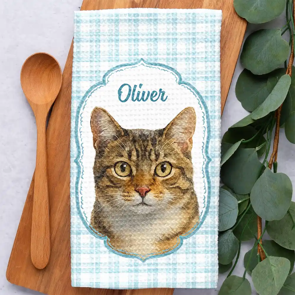 Happy,Dog Lovers,Pet Lovers,Cat Lovers - Custom Photo Watercolor Dog Cat Pet Portrait Vintage - Personalized Kitchen Towel